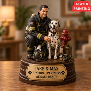 May include: A figurine of a firefighter kneeling beside a Dalmatian dog, a red fire hydrant, and a black helmet labeled 'GILFORD 8 CAPTAIN'. The wooden base features a plaque reading 'JAKE & MAX STATION 8 PARTNERS ALWAYS READY'.