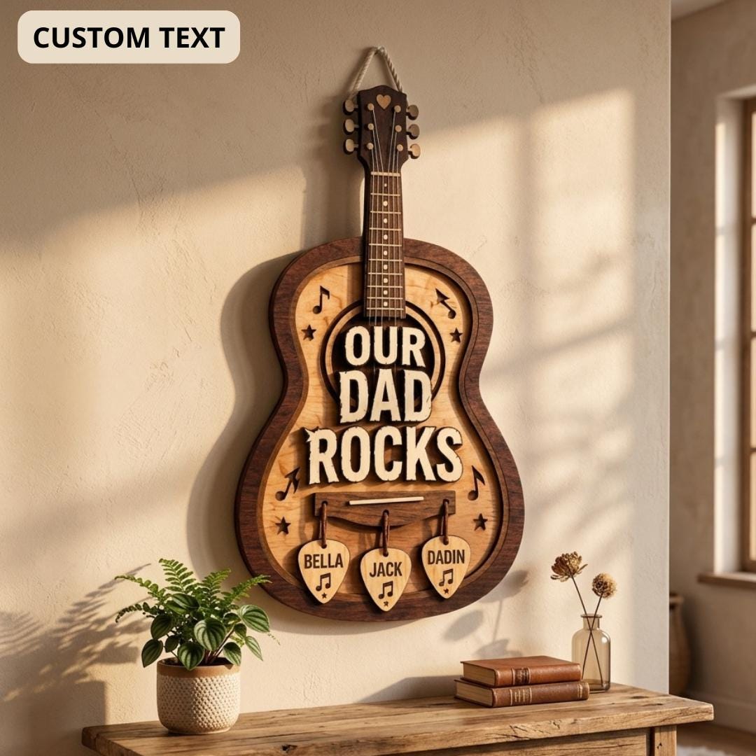 Personalized Guitar Wooden Door Sign, Our Dad Rocks Custom Music