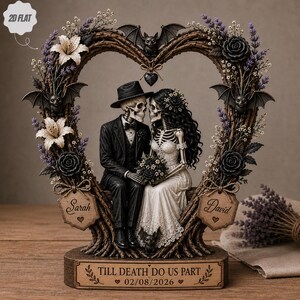 Blocco di legno personalizzato con coppia di scheletri, regalo di nozze gotico "Finché morte non ci separi", decorazione personalizzata per Halloween e anniversario, ricordo a forma di cuore con pipistrello