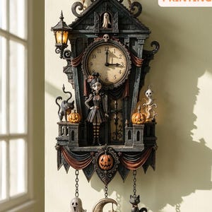 May include: A dark-themed wall clock featuring a 3-layer printing design, a central clock face, a figure in a dress, pumpkins, a ghost, and a cat. Hanging below are a ghost, a crescent moon, and a cat wearing a hat, all suspended by chains.