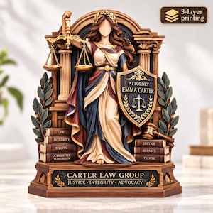 Puede incluir: Una estatua decorativa de la Dama de la Justicia con una balanza dorada y un escudo con la inscripción Attorney Emma Carter. La base muestra el texto Carter Law Group, Justice, Integrity, Advocacy y libros etiquetados como Law, Integrity, Equity.