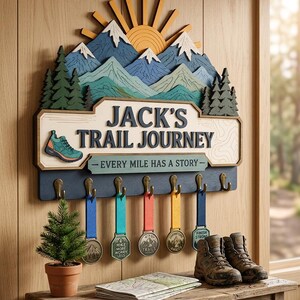 Peut inclure: Un présentoir à médailles mural en bois avec un design superposé de montagnes et de soleil, des pins verts et le texte "JACK'S TRAIL JOURNEY - EVERY MILE HAS A STORY". Il comprend sept crochets couleur bronze supportant cinq médailles colorées.