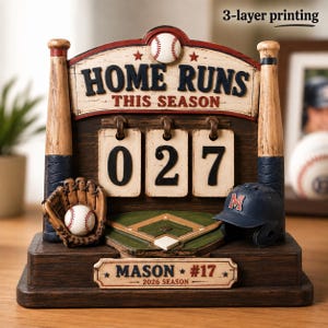 Könnte beinhalten: Eine Baseball-Anzeigetafel mit dem Text HOME RUNS THIS SEASON, MASON #17 und 2026 SEASON. Sie zeigt zwei Baseballschläger, einen Handschuh mit Ball, einen Helm und drei hängende Nummernschilder mit der Zahl 027 auf einem Sockel.