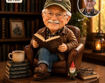 Bloco de madeira decorativo com vovô lendo, presente personalizado para o vovô, enfeite de estante para amantes de livros, estatueta de vovô lendo