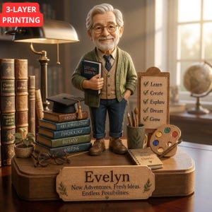 May include: A figurine of an elderly person with glasses, a green cardigan, and blue trousers holding a book titled Lifelong Learning. The base features the name Evelyn and the text New Adventures. Fresh Ideas. Endless Possibilities.