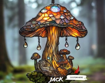 Mushroom Faux Stained Acrylic Suncatcher - Enchanted Forest Window Hanging, Cottagecore Fairycore Gift