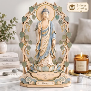 May include: A multi-layered wooden sculpture of a standing Buddha figure in blue and cream robes, framed by an arch of stylised leaves. The base features the text "Walk Gently, Live Fully" and "Grace" with a lotus icon. Includes a 3-layer printing label.