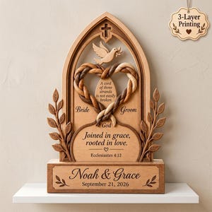 Cord Of Three Strands Wedding Block, Personalized Christian Couple Decor, Custom Names And Date Faith Keepsake