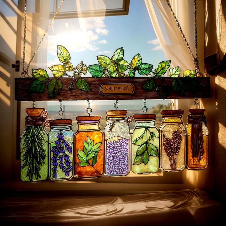 Herb Jars Acrylic Suncatcher, Faux Stained Acrylic Kitchen Window ...