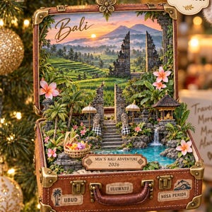 Puede incluir: Un adorno rectangular con forma de maleta que presenta una escena 3D de Bali con una puerta de templo, terrazas de arroz y una cascada. El exterior tiene etiquetas para Ubud, Uluwatu y Nusa Penida. Una placa dice MIA'S BALI ADVENTURE 2026 y Faux 3D Effect.