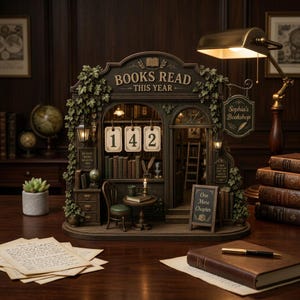 Può includere: Una libreria in miniatura intitolata Books Read This Year con il numero 142 su etichette appese. La struttura presenta una facciata coperta di edera, una sedia e un tavolino, un'insegna con scritto Sophia's Bookshop e una lavagna con One More Chapter.