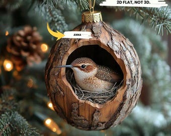 Rustic Bird In Nest 2D FLAT Ornament, Woodland Christmas Tree Decoration With Red Berries