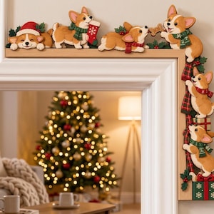 May include: A wooden door frame decoration featuring multiple Corgi dogs with festive accessories including a Santa hat, scarves, a Christmas stocking, a bone-shaped treat, and wrapped gifts, accented with holly leaves and red berries.