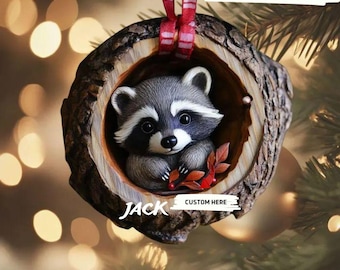 Adorno navideño plano 2D de mapache del bosque, decoración rústica de animales en rodajas de árbol, bonito regalo navideño de animales del bosque