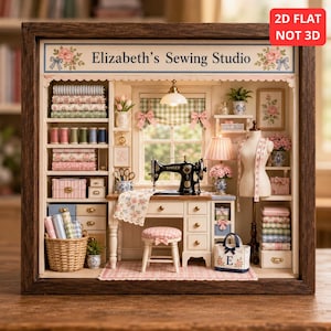 May include: A miniature diorama titled Elizabeth's Sewing Studio featuring a wooden frame, a black sewing machine on a desk, a stool, a dress form, shelves with fabric rolls, spools of thread, a wicker basket, and a small tote bag with an E.