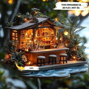 Miniature Tiki Bar 2D FLAT With Lights - Tropical Beach Bar Diorama For Summer Decor Or Island Gift