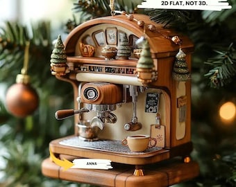 Enfeite personalizado de mini máquina de café expresso 2D, decoração rústica de árvore de Natal para barista.