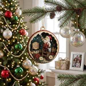 以下が含まれることがあります： 木製のスツールの上に立ち、Fresh Coat Christmas Cheerと書かれた看板にペンキを塗るサンタクロースのミニチュアシーンが描かれた、丸い中空のクリスマスオーナメント。シーンには白い柵、ポインセチア、ランタンが含まれています。