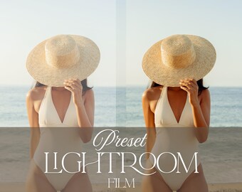 May include: Two women wearing straw hats and white swimsuits stand on a beach. The hats cover their faces. The image has the text "Preset LIGHTROOM FILM" overlaid on the bottom.