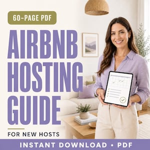 Op de afbeelding: Een 60-pagina tellende Airbnb Hosting Gids in PDF-formaat voor nieuwe hosts, beschikbaar als directe download. Het digitale document bevat een titel in grote paarse letters en een tablet met een kalender en checklist voor beheer.