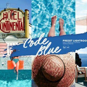 Peut inclure: Un collage avec un panneau d'hôtel, une personne dans une piscine et un chapeau de paille. Une bannière bleue avec le texte "Code Blue" et "Preset Lightroom" recouvre l'image. L'image a un thème estival et de vacances.