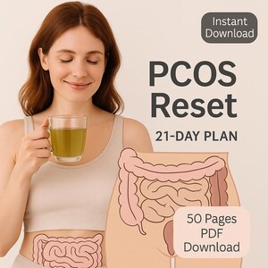 Könnte beinhalten: Eine Frau hält ein Glas grüne Flüssigkeit, mit dem Text "PCOS Reset 21-DAY PLAN" und "Sofort-Download". Eine Illustration des Verdauungssystems ist ebenfalls vorhanden, zusammen mit dem Text "50 Seiten PDF Download."