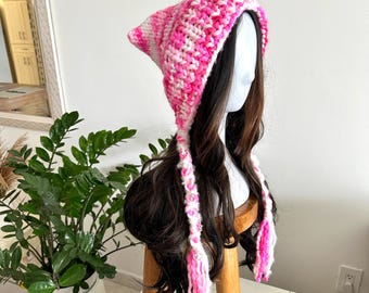 Knitted Cat Ear Beanie: Boho Pixie Hood with Braided Tassels