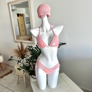 Crochet Pink Sequin Bikini Mermaid Festival Boho Set