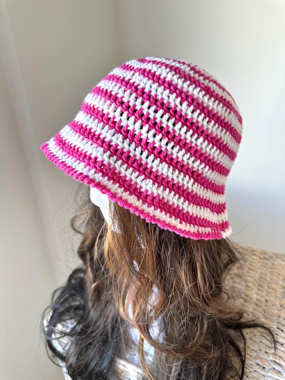 Handmade Crochet Bucket Hat: Pink and White Striped Cotton  display picture 3