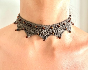 Handmade Crochet Choker: Beaded Boho Lace Necklace