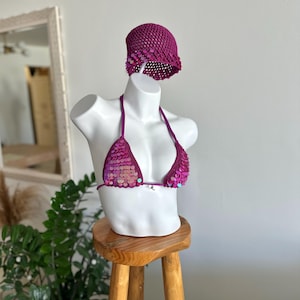 Crochet Sequin Beanie & Bralette Top – Handmade Festival Set