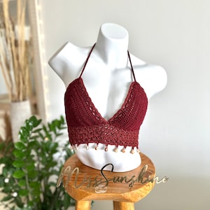 Crochet Halter Top: Brick Red Cotton Blend with Shell Details