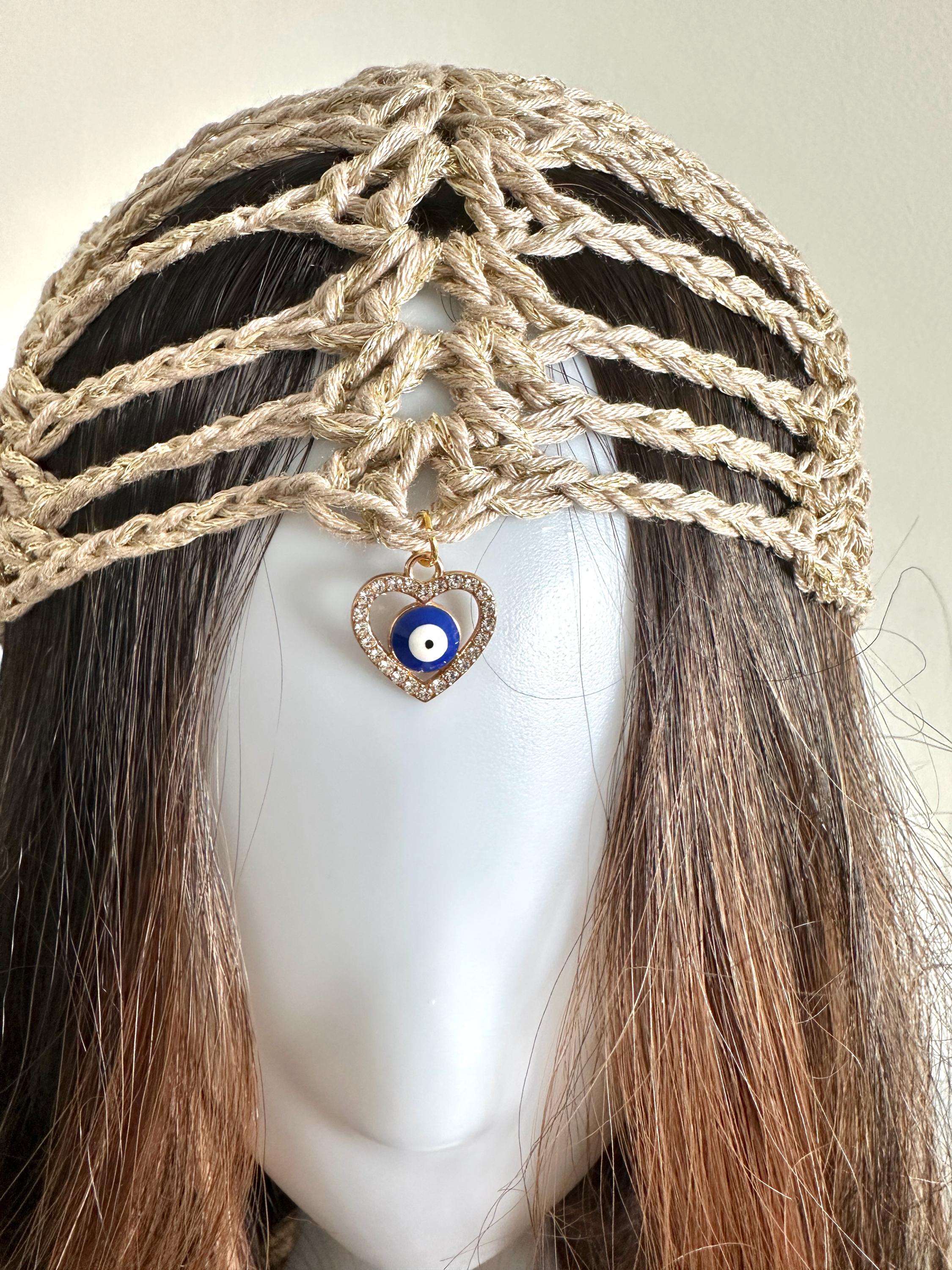 Boho Crochet Hair Net Cap With Evil Eye Charm - Etsy