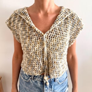 Handmade Crochet Hooded Crop Top – Lightweight Summer Festival Shirt with Drawstring Front – Boho Knitwear in Earthy Tones