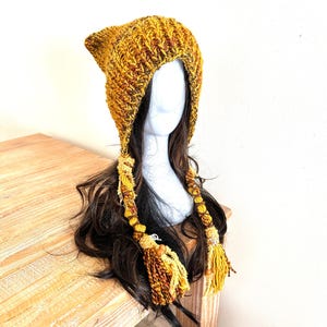Crochet Cat Ear Beanie: Boho Pixie Hood with Braided Tassels