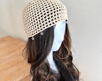Crochet Mesh Beanie With Star Beads – Handmade Boho Hair Accessory