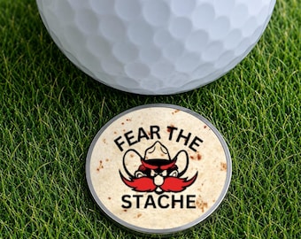 Red Raiders Fear the Stache Golf Ball Marker with Magnetic Hat Clip | Red Raider Golf Gift | Wreck Em Golf Accessory | Rush The Jones