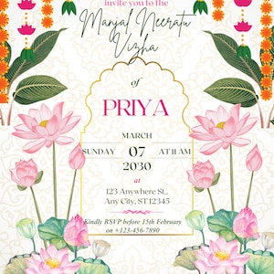 Puede incluir: Tarjeta de invitación con elementos florales y decorativos. La tarjeta presenta el texto "Manjal Neeratu Vizha of PRIYA" y los detalles del evento, incluida la fecha, la hora y el lugar. Flores de loto rosas y hojas verdes adornan el diseño.