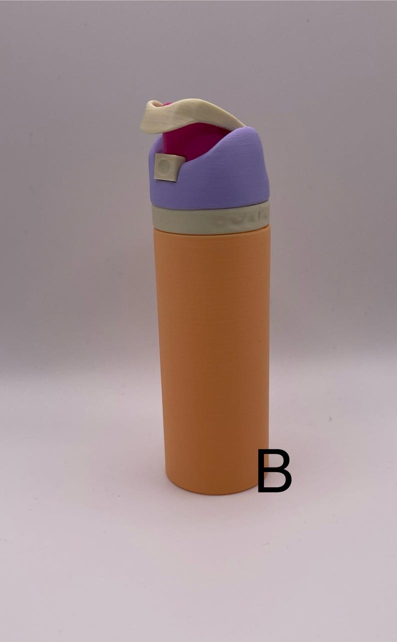 Peut inclure: Une bouteille d'eau r&eacute;utilisable avec un couvercle violet, blanc et rose. La bouteille est orange et a une finition mate.
