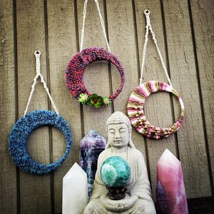 Waning Crescent Moon Art, Moon Child gift, Macrame Wall Hanging, Moon home decor, Astrology, Zodiac Signs, Blue Moon, Rosé, Succulent Decor