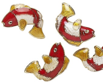 Bead, Fish, 6 Gold Finished Brass & Enamel Red Cloisonné Double Sided 18x14x4mm Fish Beads with 1mm Hole * Final Stock