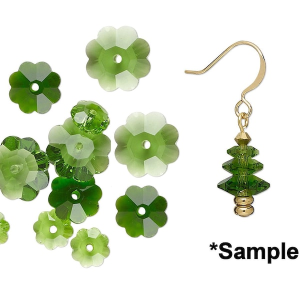 Bead, Margarita Flower, 12 Light & Dark Emerald Green Margarita Flower Glass Crystal Bead MIX of 3 Graduated Sizes