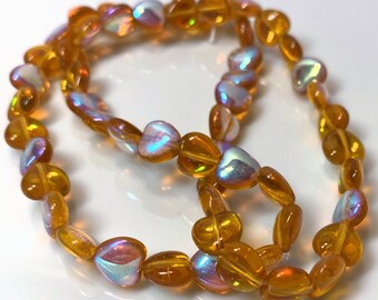 Bead, Heart, Czech Pressed Glass Honey AB 8mm HEART Beads with 0.9-1mm Hole 1 Strand(50)  *