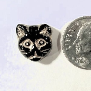 Bead, Cat, Czech Pressed Glass Jet Black Gold Inlay 12x13mm Cat Head Beads with Design on Both Sides    Final Stock