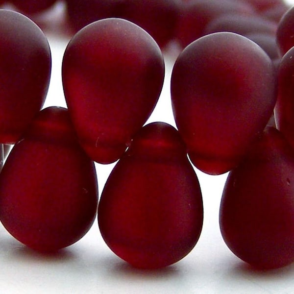 Bead, Teardrop, Red, Czech Pressed Glass Matte Garnet Red 8x6mm Top Drilled Beads with 1-1.5mm Hole (100 Beads )