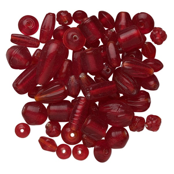 Bead, Red, India Pressed Glass Beads Mix Transparent Red 7x4mm-21x11mm Mixed Shape Mixed Sizes 50 Grams 60-100 Beads