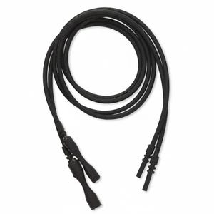 May include: A black jump rope featuring a long, flexible cord coiled into a circular shape. The rope includes two black handles with a contoured, ergonomic design, each featuring a textured grip area to facilitate handling during physical exercise.