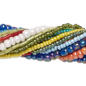 May include: A collection of colorful glass seed beads in various shapes and sizes, including round, oval, and cylindrical beads. The beads are arranged in a twisted pattern, showcasing a variety of colors such as red, orange, yellow, green, blue, and white.