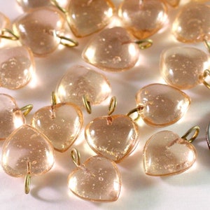Charm, Heart, 100 Transparent Rose Peach Glass 10mm Heart Drop Charms with Brass Loops *  Final Stock