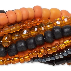 Seed and Bugle Bead Mix, Glass, 10 Strands(1,100-1,700) Orange & Black Seed and Bugle Glass Halloween Bead Mix